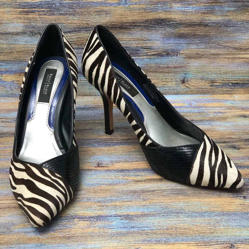 White House Black Market Monarch Zebra Print Heels Women's Size 6M